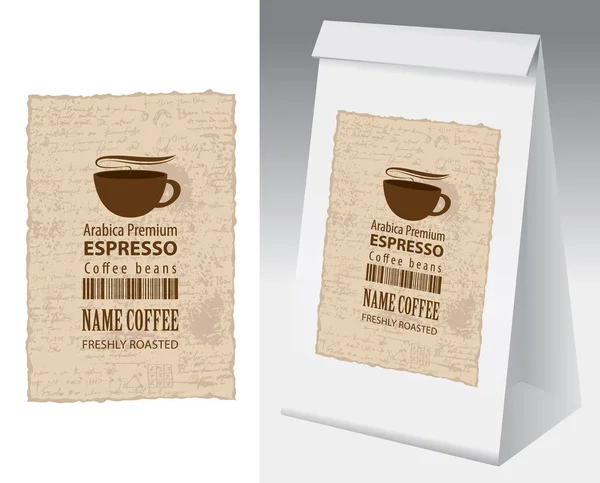 Embalaje de papel con etiqueta para grano de café — Archivo Imágenes Vectoriales