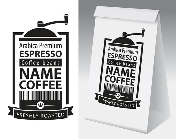 Emballage papier avec étiquette pour grains de café — Image vectorielle
