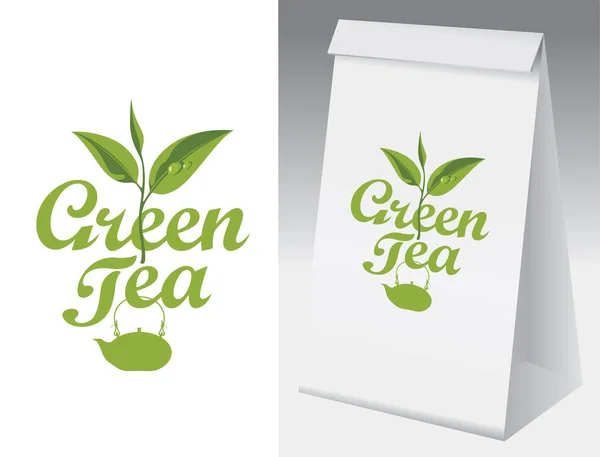 Papieren verpakking met label voor groene thee. — Stockvector