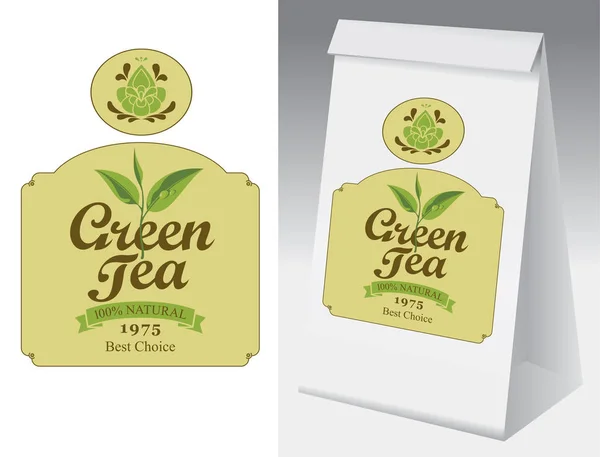 Papieren verpakking met label voor zwarte thee. — Stockvector