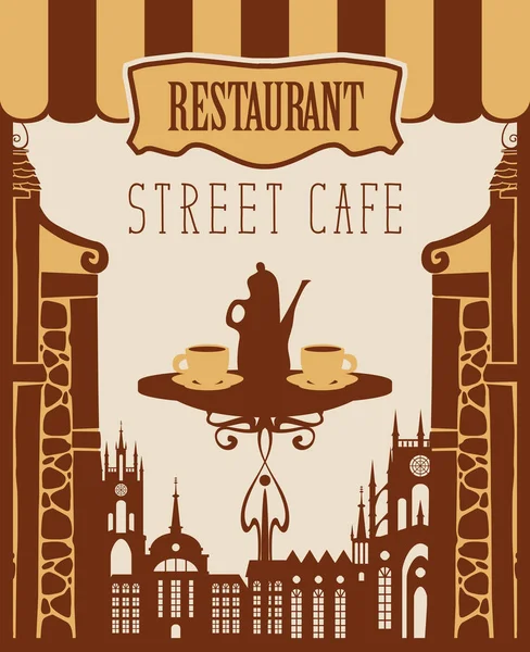 Pancarta para café de la calle con mesa y té caliente — Vector de stock