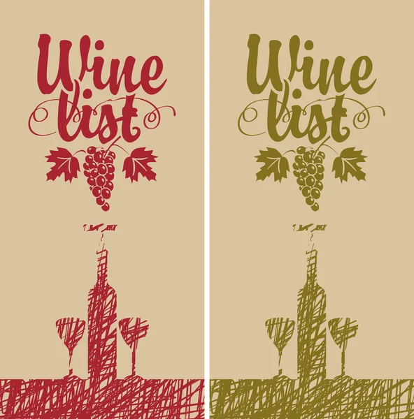 Carte des vins avec bouteille, deux verres et vigne — Image vectorielle