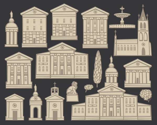 Conjunto de dibujos de casas e iglesias en las ciudades — Vector de stock