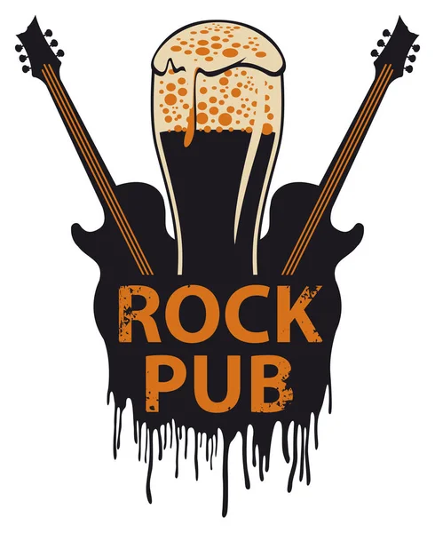 Banner para pub rock com copo de cerveja e guitarras — Vetor de Stock