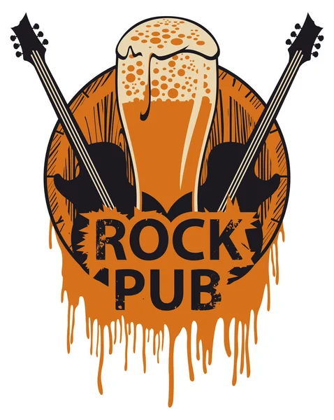 Banner for rock pub with beer, barrel and guitars — Stock Vector