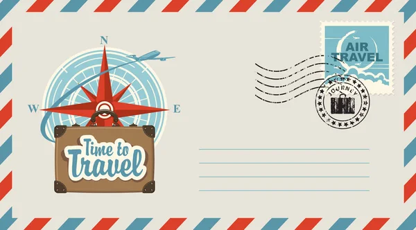 Postal envelope with illustration on travel theme — Stock Vector