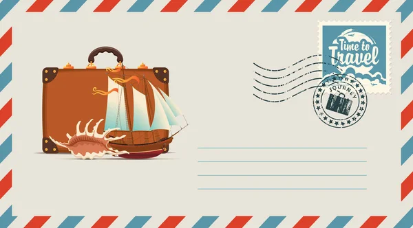 Почтовый конверт с иллюстрацией на тему путешествия — стоковый вектор