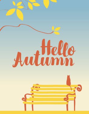 ağaç, kedi ve tezgah, vektör sonbahar yatay