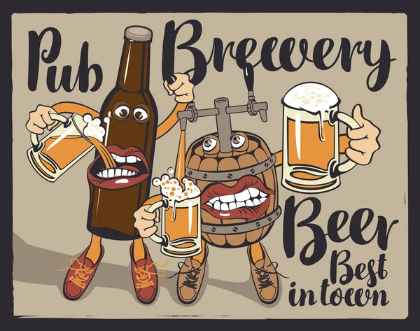 ขวดเบียร์ที่มีความสุขและถังที่มีแก้วเบียร์ — ภาพเวกเตอร์สต็อก