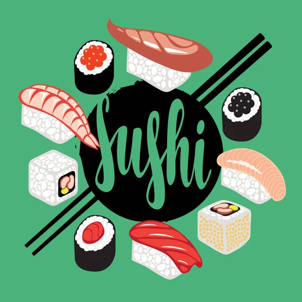 Nápis s řadou sushi a rohlíky — Stockový vektor