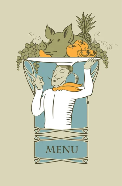 Menu avec chef avec un plateau sur la tête — Image vectorielle