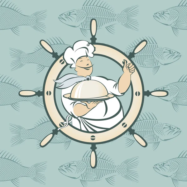 Banner con cocinero y el pescado en el mar — Vector de stock