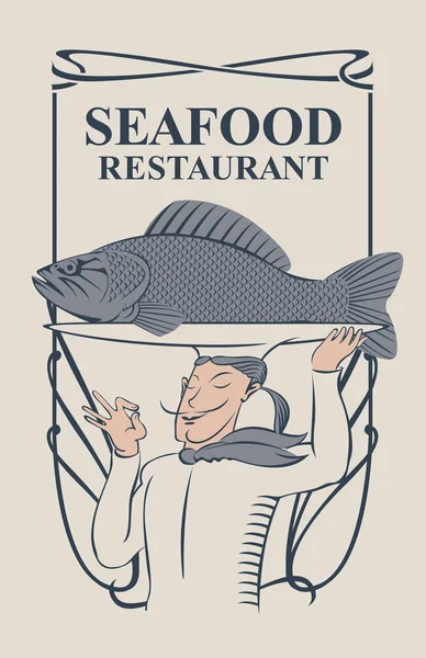 Restaurante de mariscos con el chef sonriente y pescado — Vector de stock