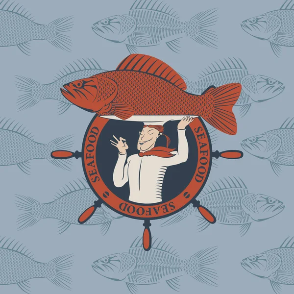 Banner com cozinheiro e o peixe em uma bandeja —  Vetores de Stock