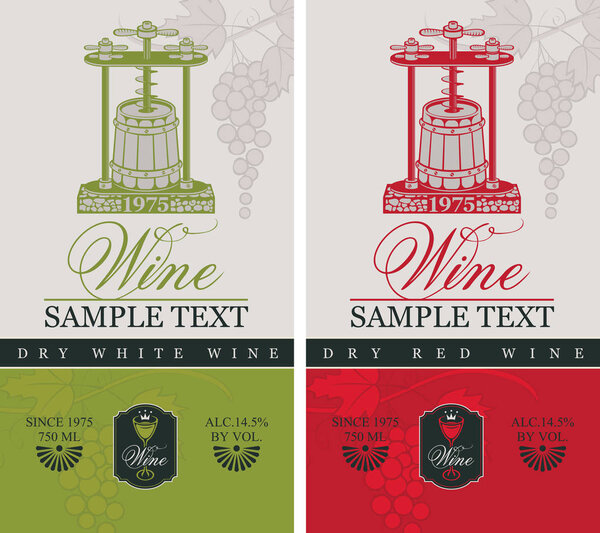 labels for wine with a wine press and barrel