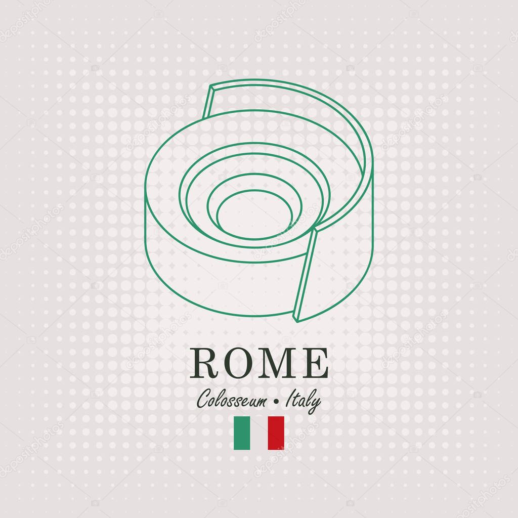 Vector schematic drawing of the coliseum in Rome with the inscription and the italian flag on abstract background