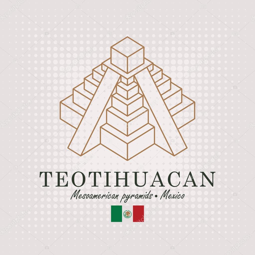 Vector schematic drawing of the mesoamerican pyramids in Mexico with the inscription and the mexican flag on abstract background