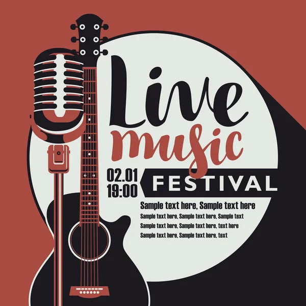 Affiche musicale live avec guitare et microphone — Image vectorielle