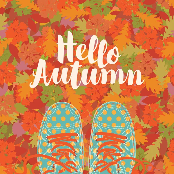 Bannière d'automne avec inscription et chaussures bleues — Image vectorielle