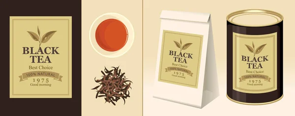 Banner, label, paper package and tin of black tea — Stock Vector