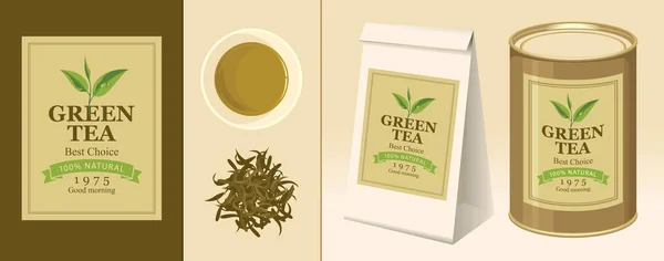 Banner, label, paper package and tin of green tea — Stock Vector