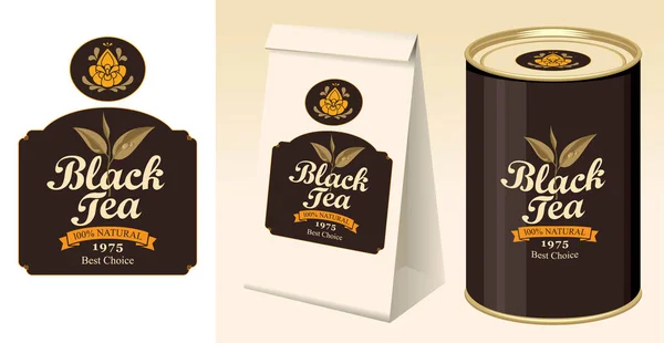 Banner, etiqueta, paquete de papel y lata de té negro — Vector de stock