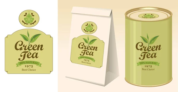 Banner, etiqueta, paquete de papel y lata de té verde — Vector de stock