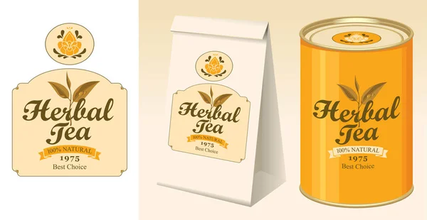 Banner, etiqueta, paquete de papel y lata de té negro — Vector de stock