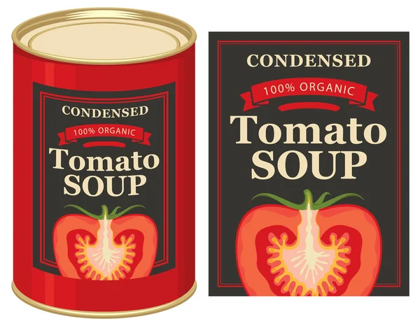 Ilustración de una lata con la etiqueta sopa de tomate — Vector de stock