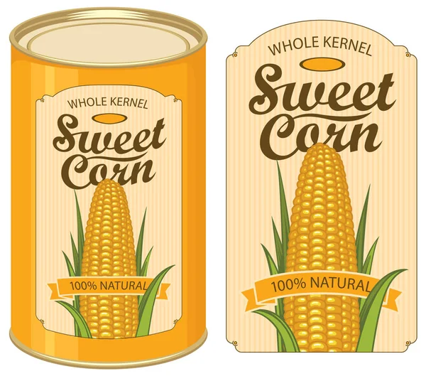 Boîte de conserve étiquette pour le maïs sucré en conserve avec l'épi — Image vectorielle