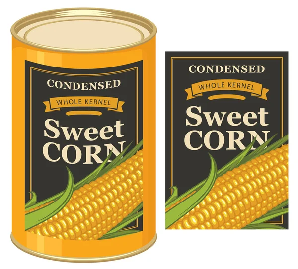 Lata puede etiquetar para maíz dulce enlatado con la mazorca — Archivo Imágenes Vectoriales
