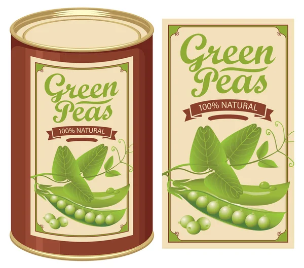 Vector label for a tin can of canned green peas — Stock Vector
