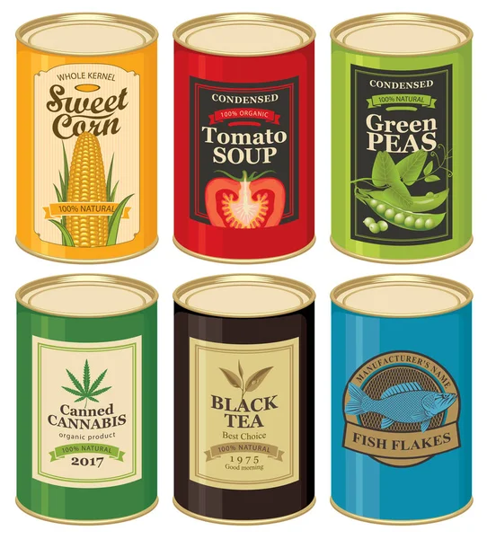 Set vector illustrations of a tin cans with labels — Stock Illustration Set vector illustrations of a tin cans with labels Stock Vector