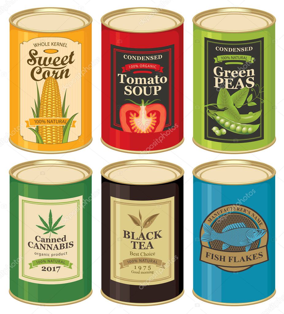 Set vector illustrations of a tin cans with labels