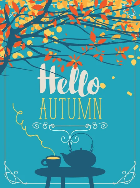 Paysage d’automne avec la coupe et la bouilloire sur la table — Image vectorielle