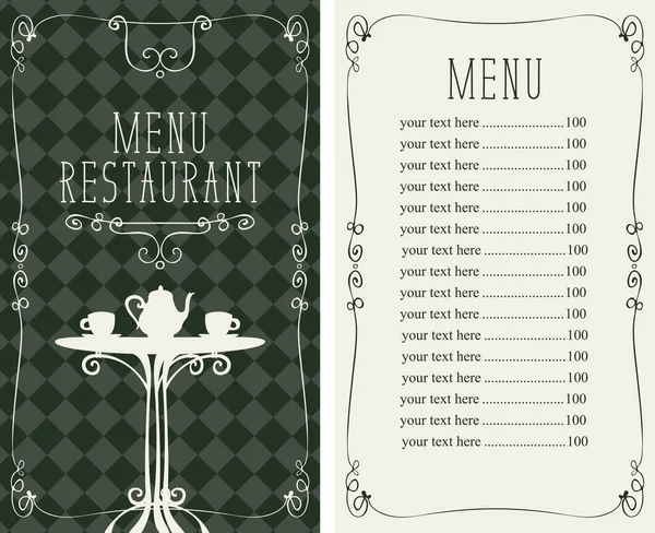 Menú del restaurante con lista de precios y mesa servida — Vector de stock