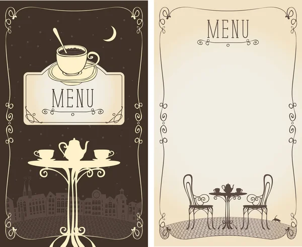 Menu avec table de service, paysage urbain, lune et chat — Image vectorielle