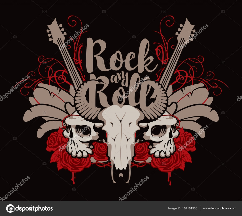 Banner de rock and roll com guitarra, crânios e rosas Vetor de ©paseven  167161536, image size:1600x1432