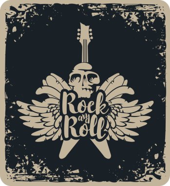 Rock'n roll afiş gitar, kanat ve kafatası ile