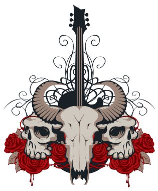 resimde gitar, kafatasları, gül ve kan