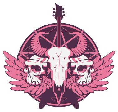 gitar, kafatasları, kanat ve pentagram ile banner