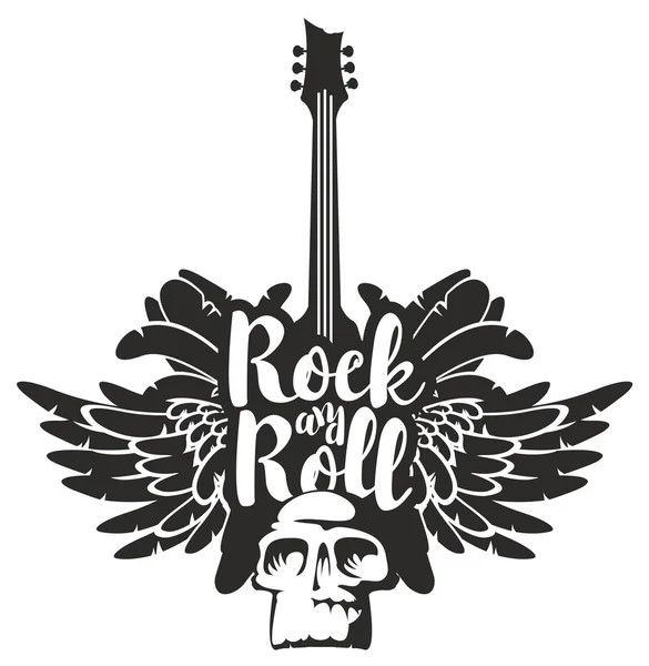 Rock and roll banner a gitár, a szárnyak és a koponya — Stock Vector