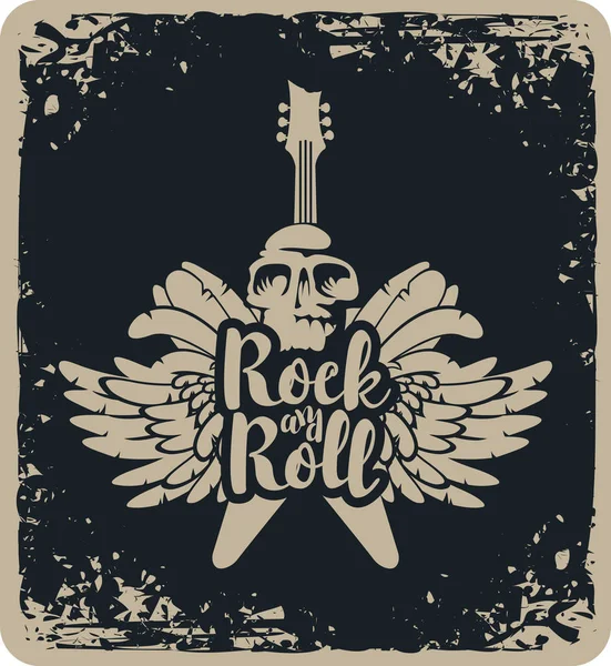 Rock and roll banner a gitár, a szárnyak és a koponya — Stock Vector