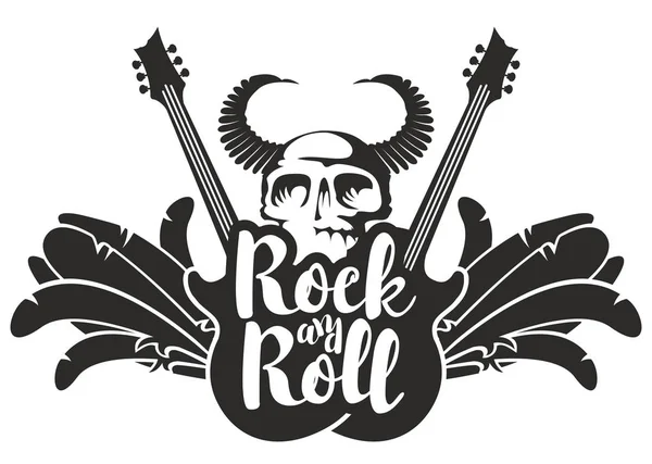 Rock and roll banner a gitár, a szárnyak és a koponya — Stock Vector