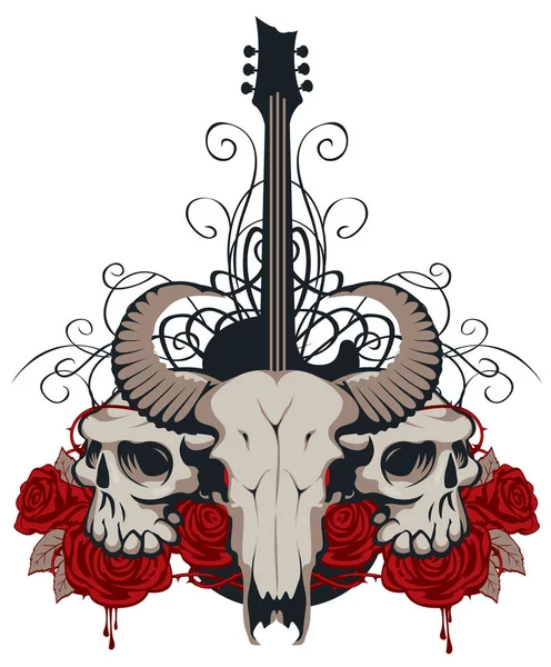 Illustration with guitar, skulls, roses and blood — Stock Vector