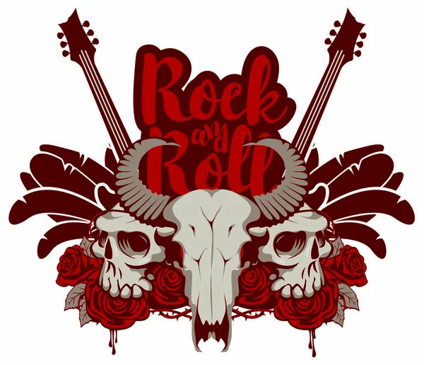 Banner de rock and roll con guitarra, calaveras y rosas — Archivo Imágenes Vectoriales