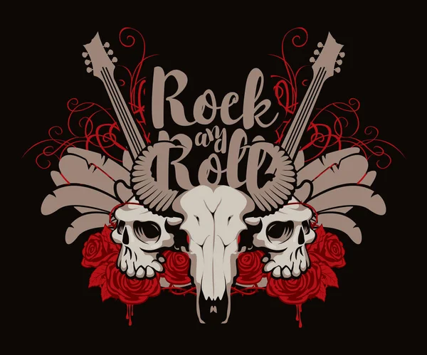 Banner de rock and roll con guitarra, calaveras y rosas — Vector de stock