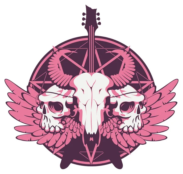 Banner con guitarra, calaveras, alas y pentagrama — Vector de stock