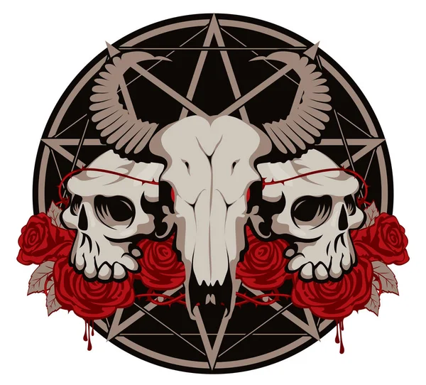 illüstrasyon kafatası, gül ve pentagram ile