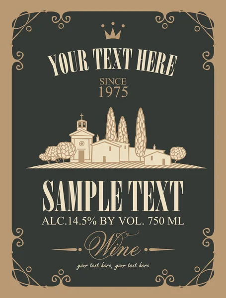 Bağ ve Köyü manzara ile şarap etiket — Stok Vektör